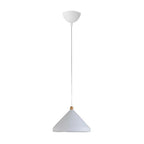 Clérachic white 1-light industrial pendant, a cone shade with a wood neck hung from a round white canopy.