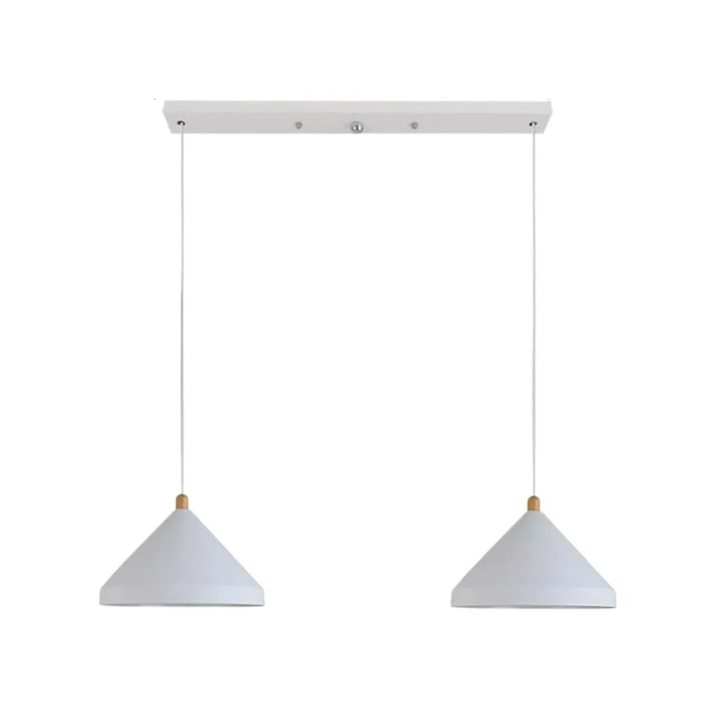 Clérachic 2-light industrial pendant in white, two cone shades on a slim rectangular canopy, wood necks.