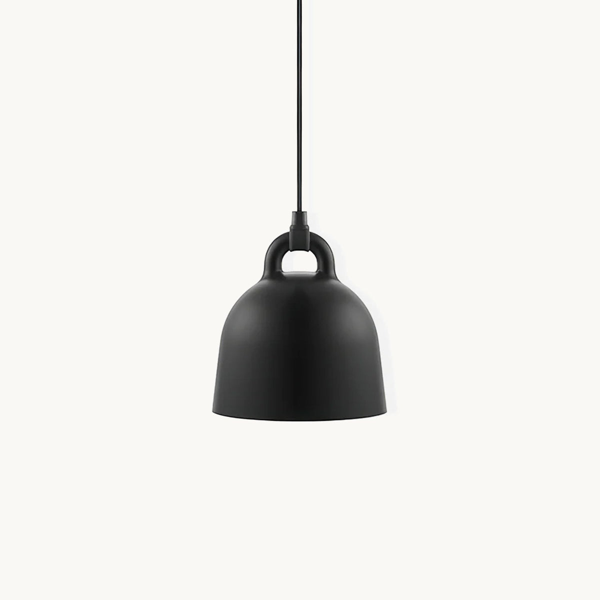 A black bell-shaped Clérachic pendant with a loop handle, hanging on a black cord against a plain off-white backdrop.