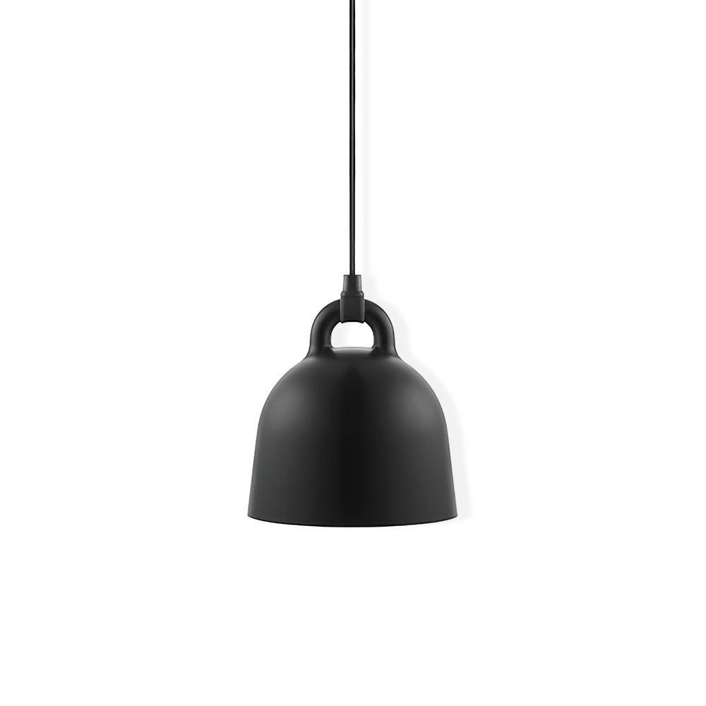 A black bell-shaped Clérachic pendant on a plain white backdrop, shown from the front with its loop handle and black cord.