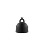 A black bell-shaped Clérachic pendant on a plain white backdrop, shown from the front with its loop handle and black cord.
