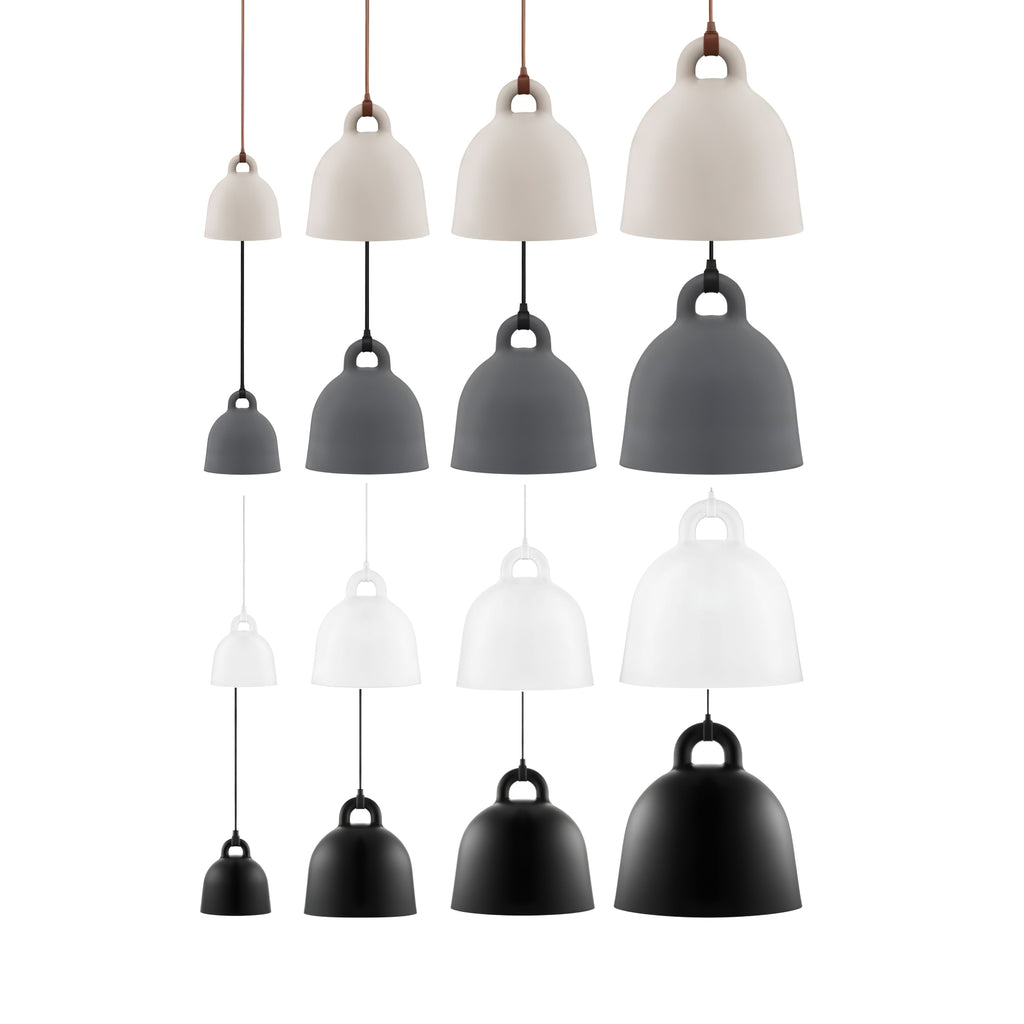 A set of Clérachic bell pendants in four sizes, in sand-coloured, grey, white and black versions, on a plain white backdrop.