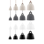 A set of Clérachic bell pendants in four sizes, in sand-coloured, grey, white and black versions, on a plain white backdrop.