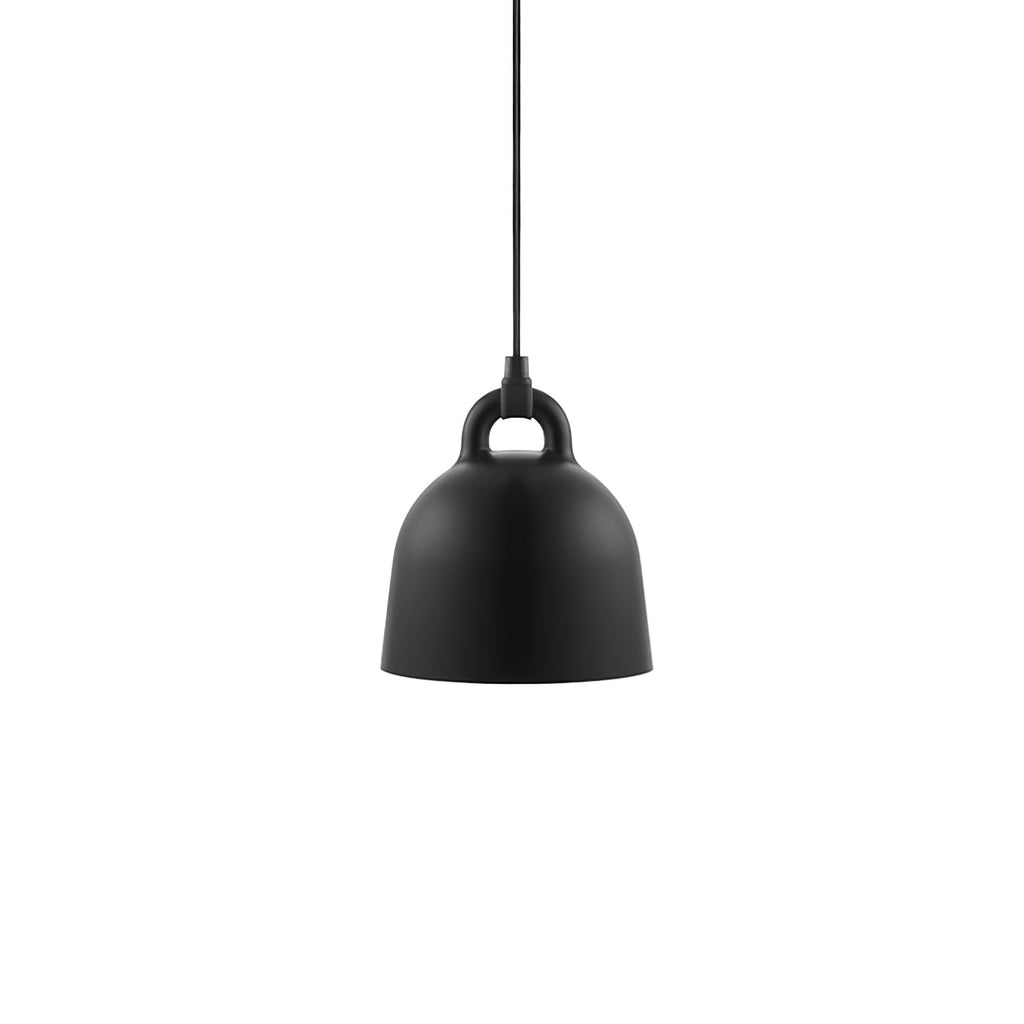 A black bell-shaped Clérachic pendant on a plain white backdrop, with its loop handle and black cord.
