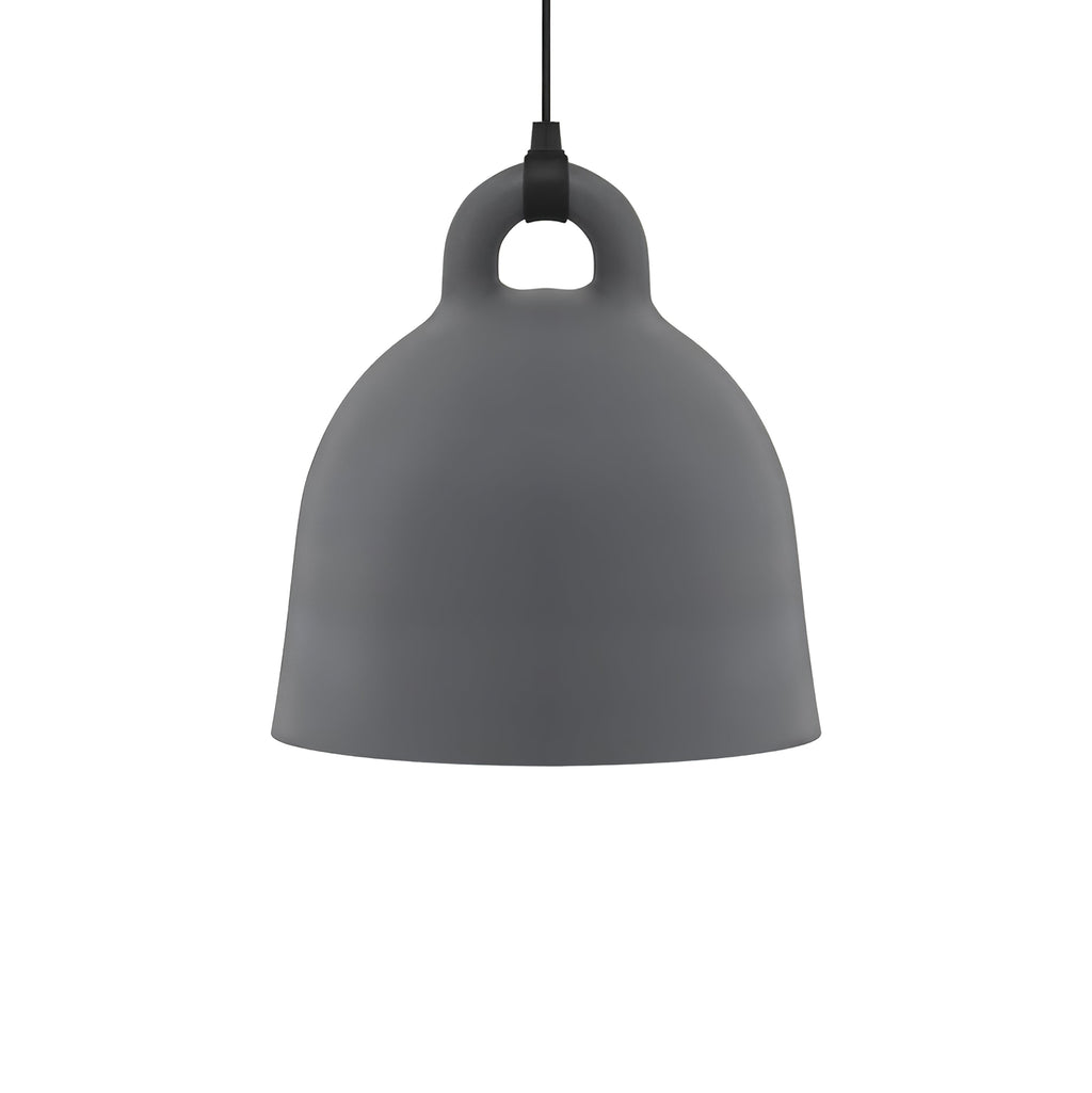 A large grey Clérachic bell pendant with its black cord and loop handle, on a plain white backdrop.