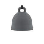 A large grey Clérachic bell pendant with its black cord and loop handle, on a plain white backdrop.
