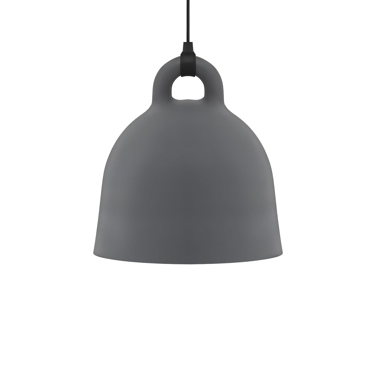 A large grey Clérachic bell pendant with its black cord and loop handle, on a plain white backdrop.