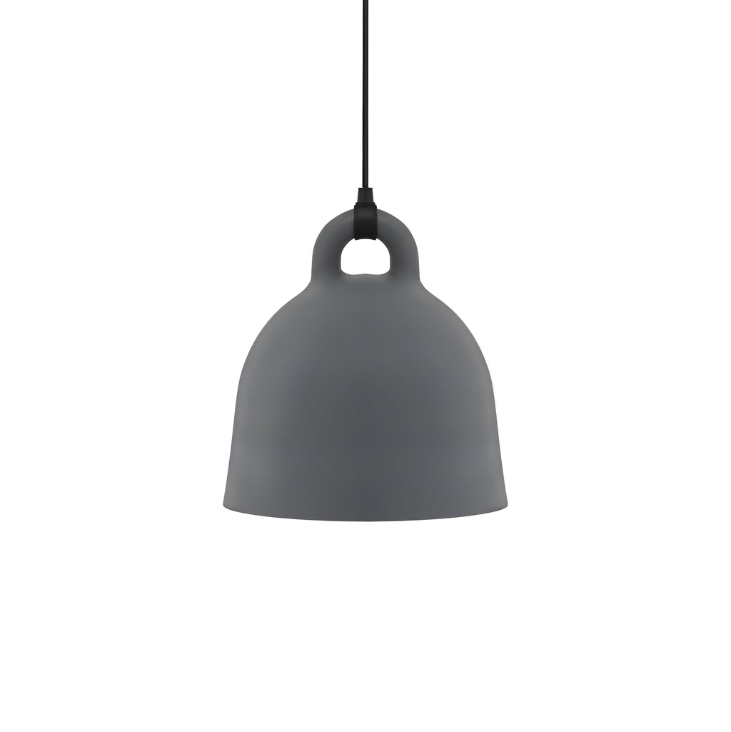 A mid-sized grey Clérachic bell pendant with a black cord, on a plain white backdrop.