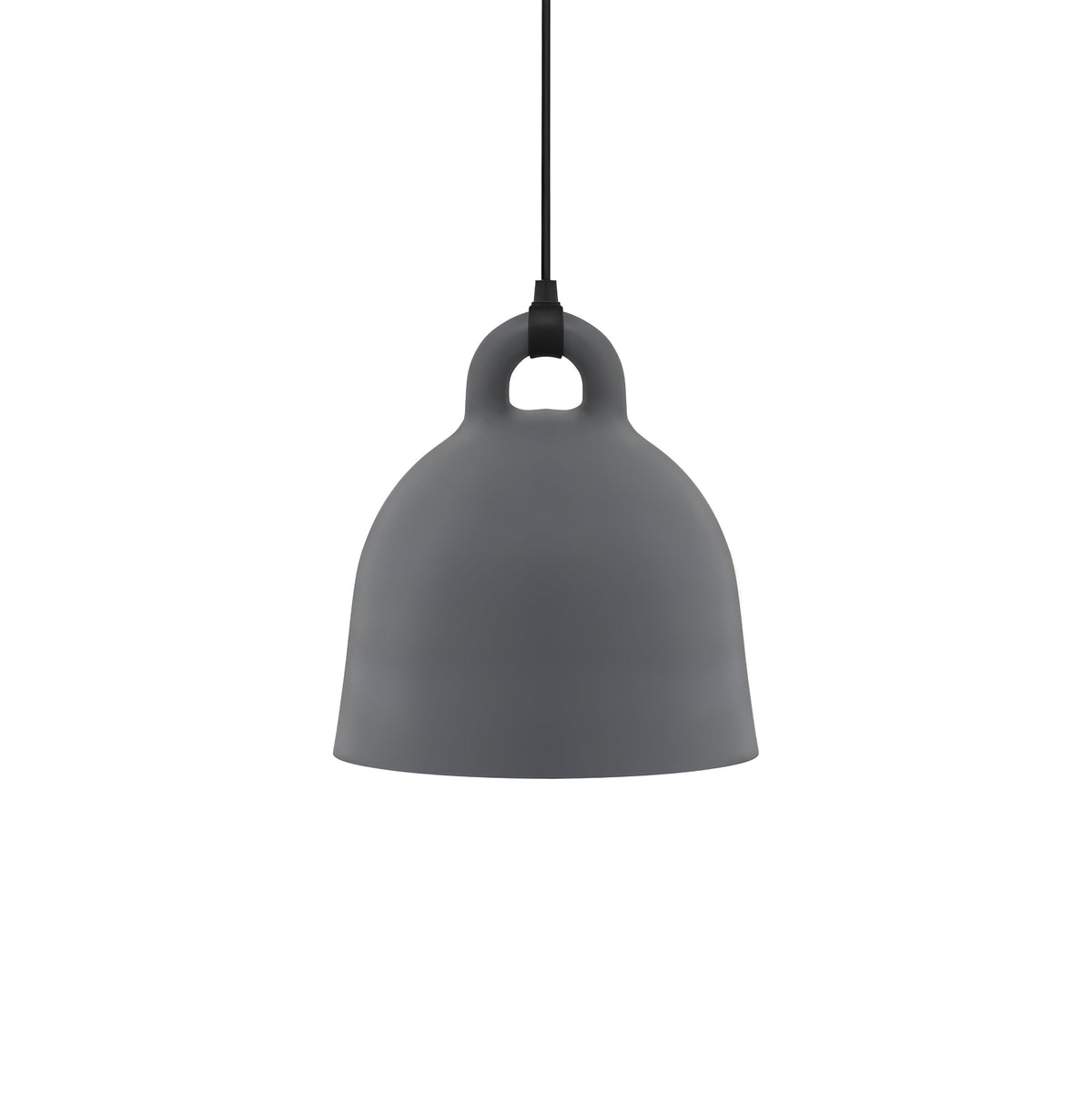 A mid-sized grey Clérachic bell pendant with a black cord, on a plain white backdrop.