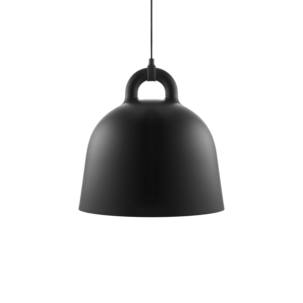 A black Clérachic bell pendant with a black cord and loop handle, on a plain white backdrop.