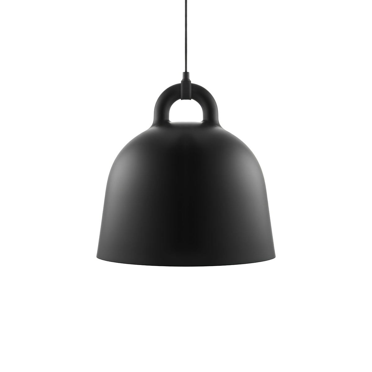 A black Clérachic bell pendant with a black cord and loop handle, on a plain white backdrop.