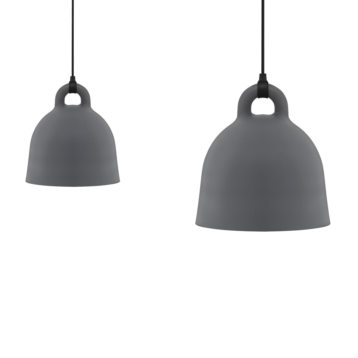 Two grey Clérachic bell pendants in small and medium sizes, side by side on a plain white backdrop.