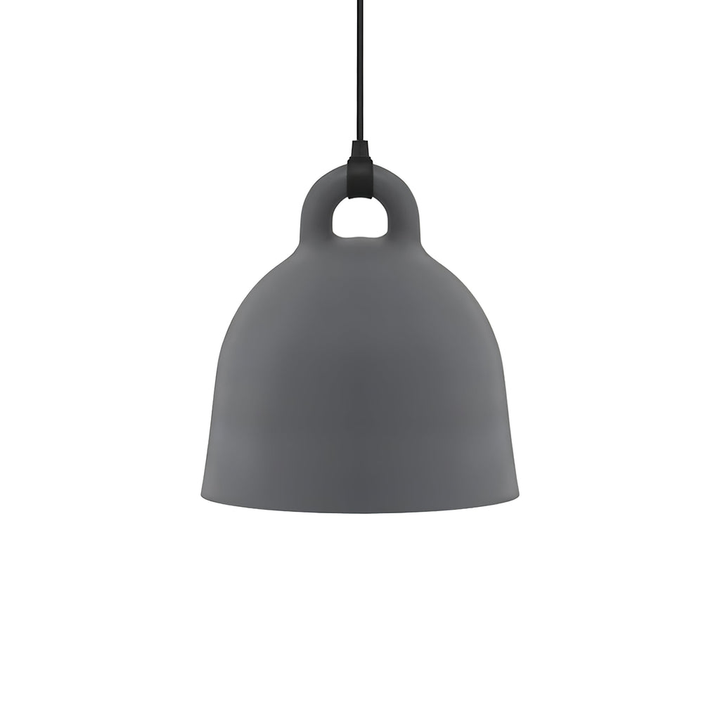 A grey Clérachic bell pendant with a black cord and loop handle, shown straight on against white.