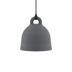 A grey Clérachic bell pendant with a black cord and loop handle, shown straight on against white.