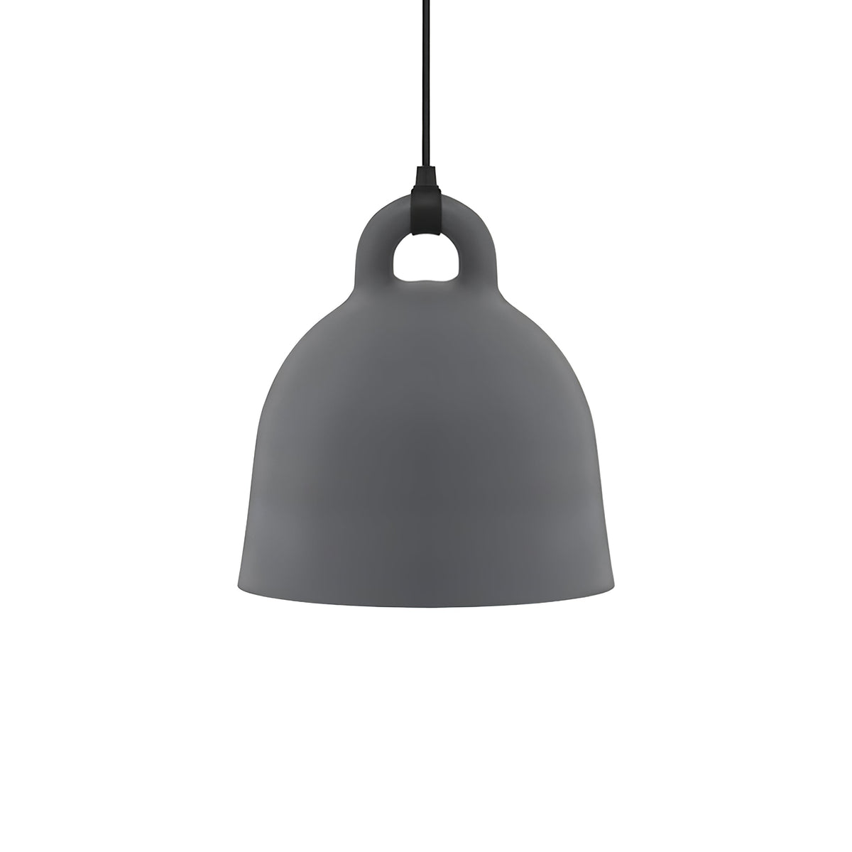A grey Clérachic bell pendant with a black cord and loop handle, shown straight on against white.