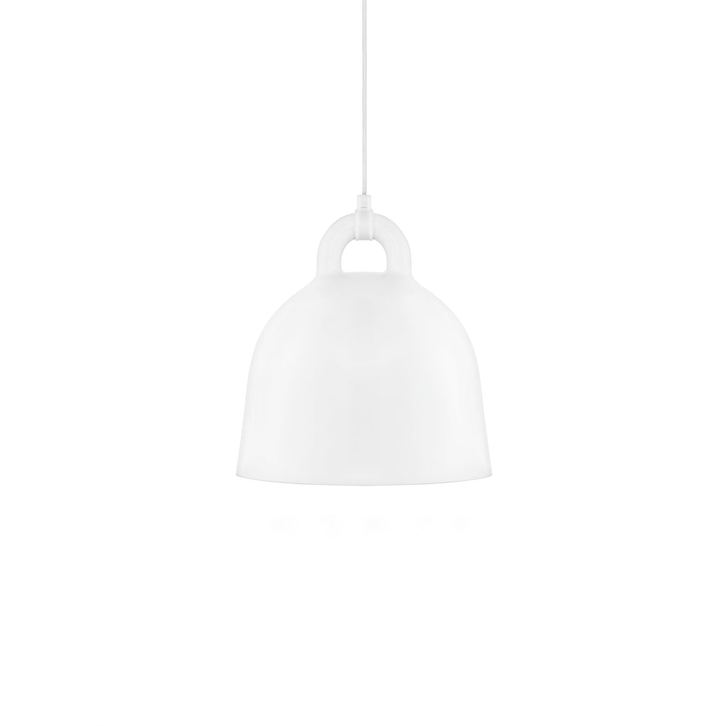 A white Clérachic bell pendant with a white cord, faint against a plain white backdrop.