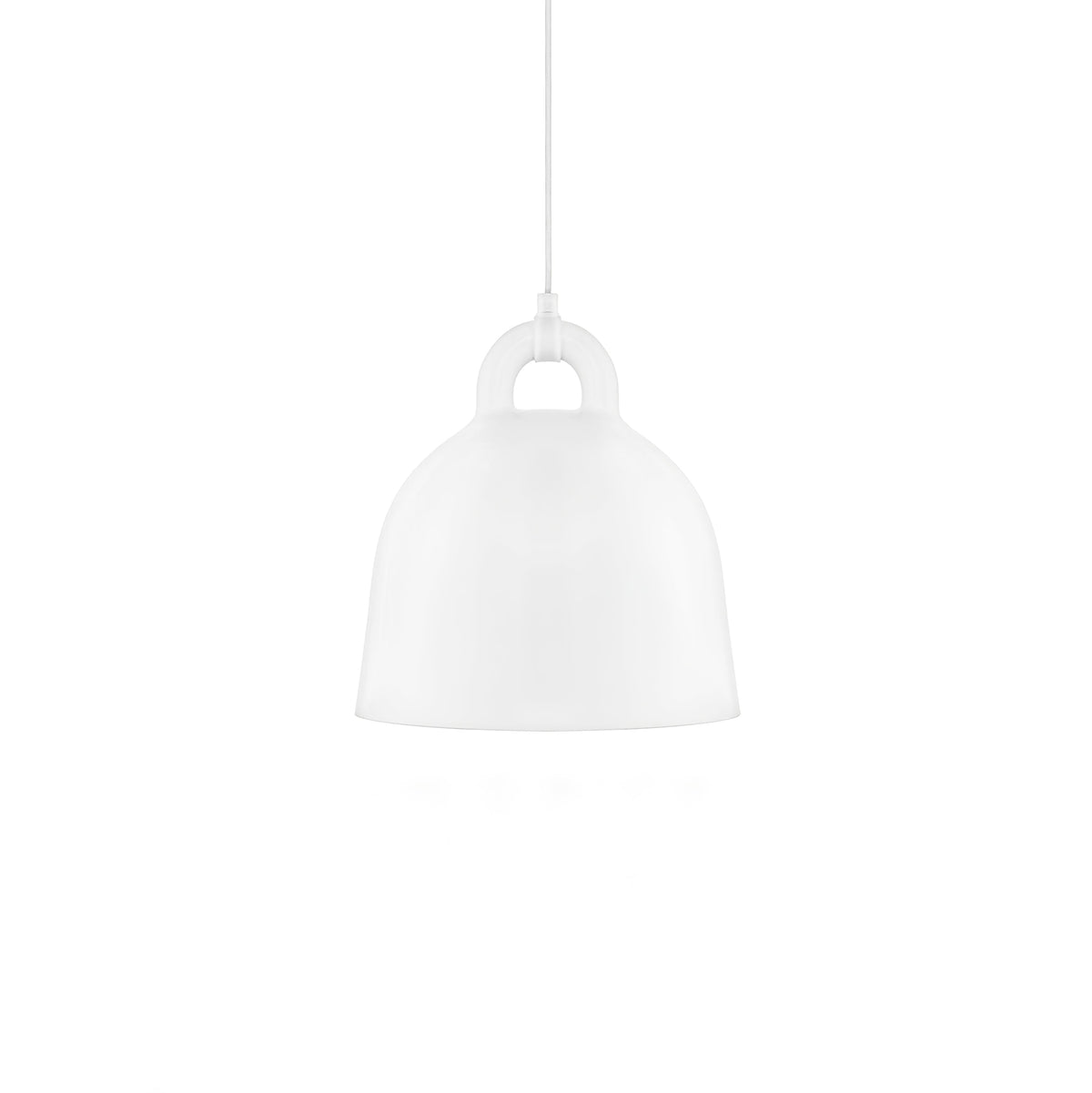 A white Clérachic bell pendant with a white cord, faint against a plain white backdrop.