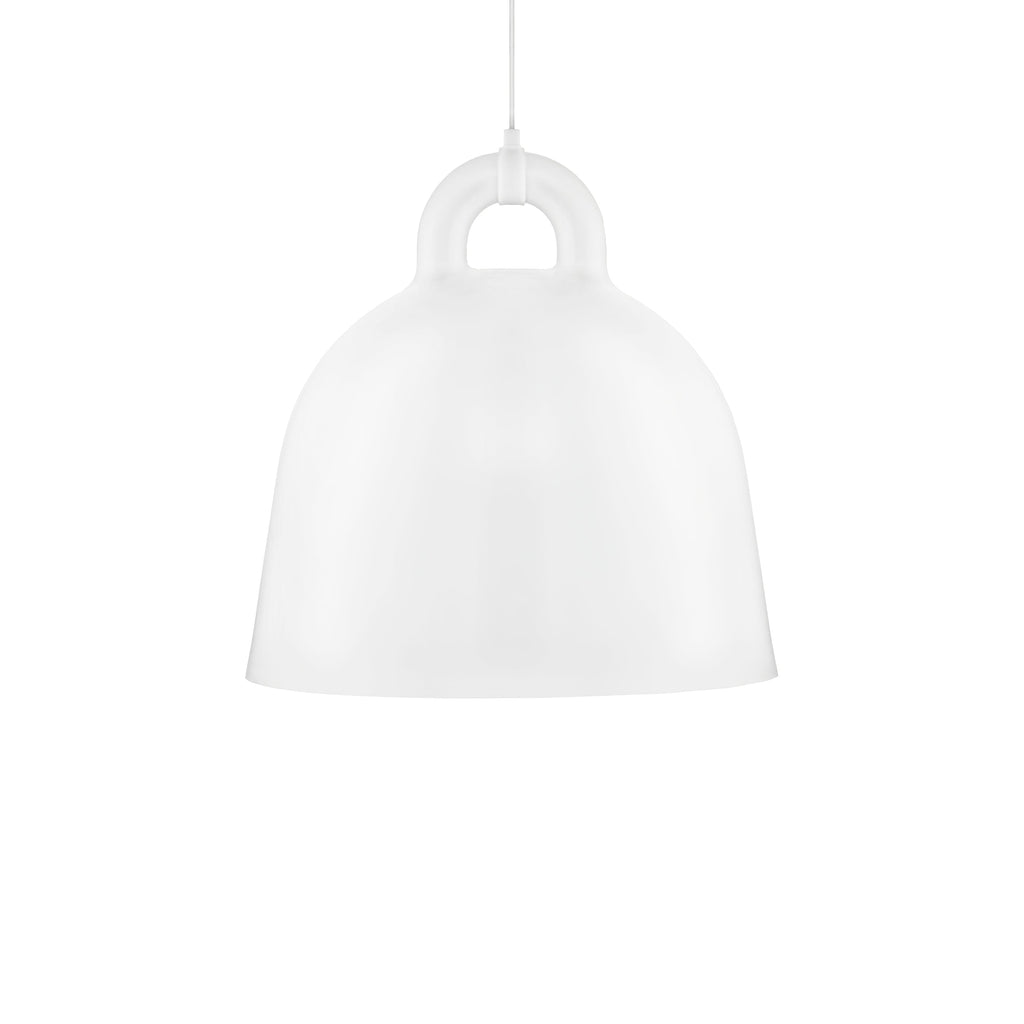 A large white Clérachic bell pendant with a white cord and loop handle, on a plain white backdrop.