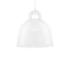 A large white Clérachic bell pendant with a white cord and loop handle, on a plain white backdrop.