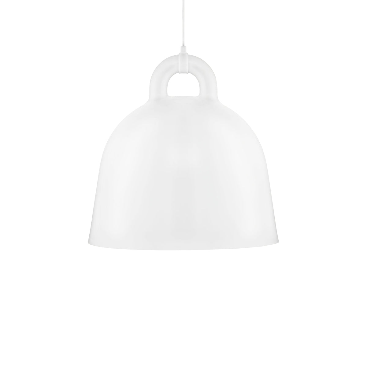 A large white Clérachic bell pendant with a white cord and loop handle, on a plain white backdrop.