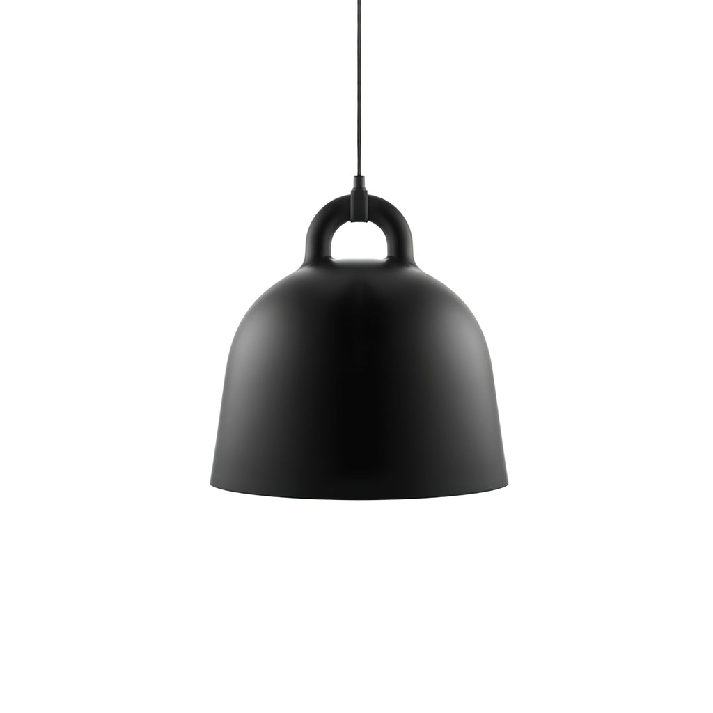 A medium black Clérachic bell pendant with a black cord, on a plain white backdrop.