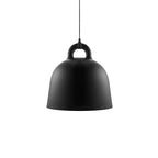 A medium black Clérachic bell pendant with a black cord, on a plain white backdrop.
