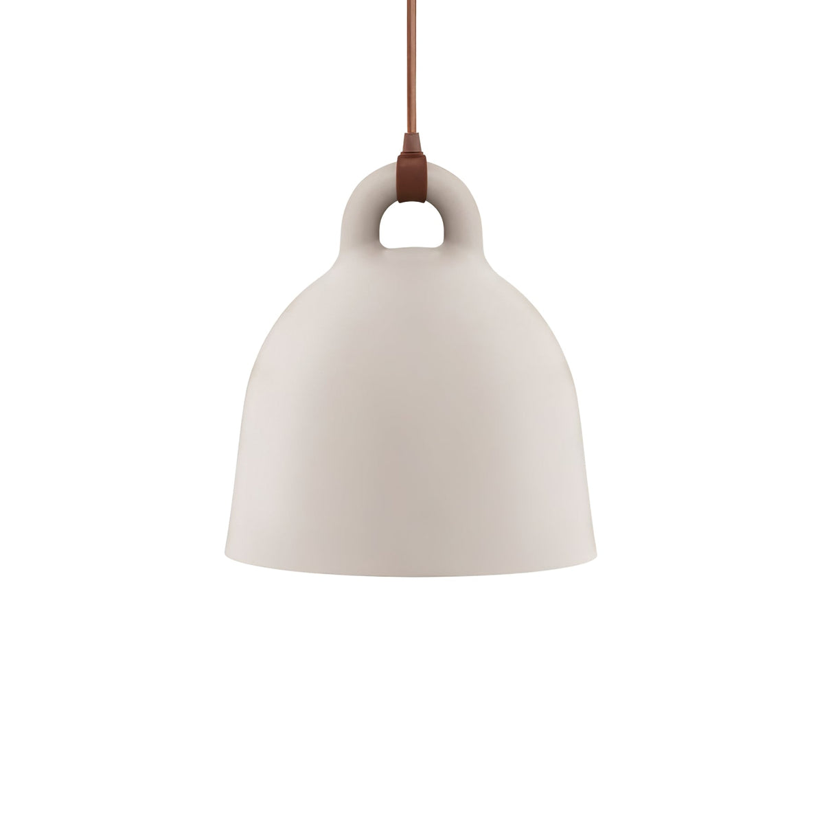 A small sand-coloured Clérachic bell pendant with a brown cord, shown on a plain white backdrop.