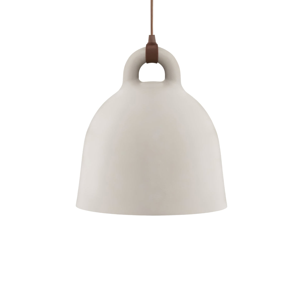 A medium sand-coloured Clérachic bell pendant with a brown cord and loop handle, on a plain white backdrop.