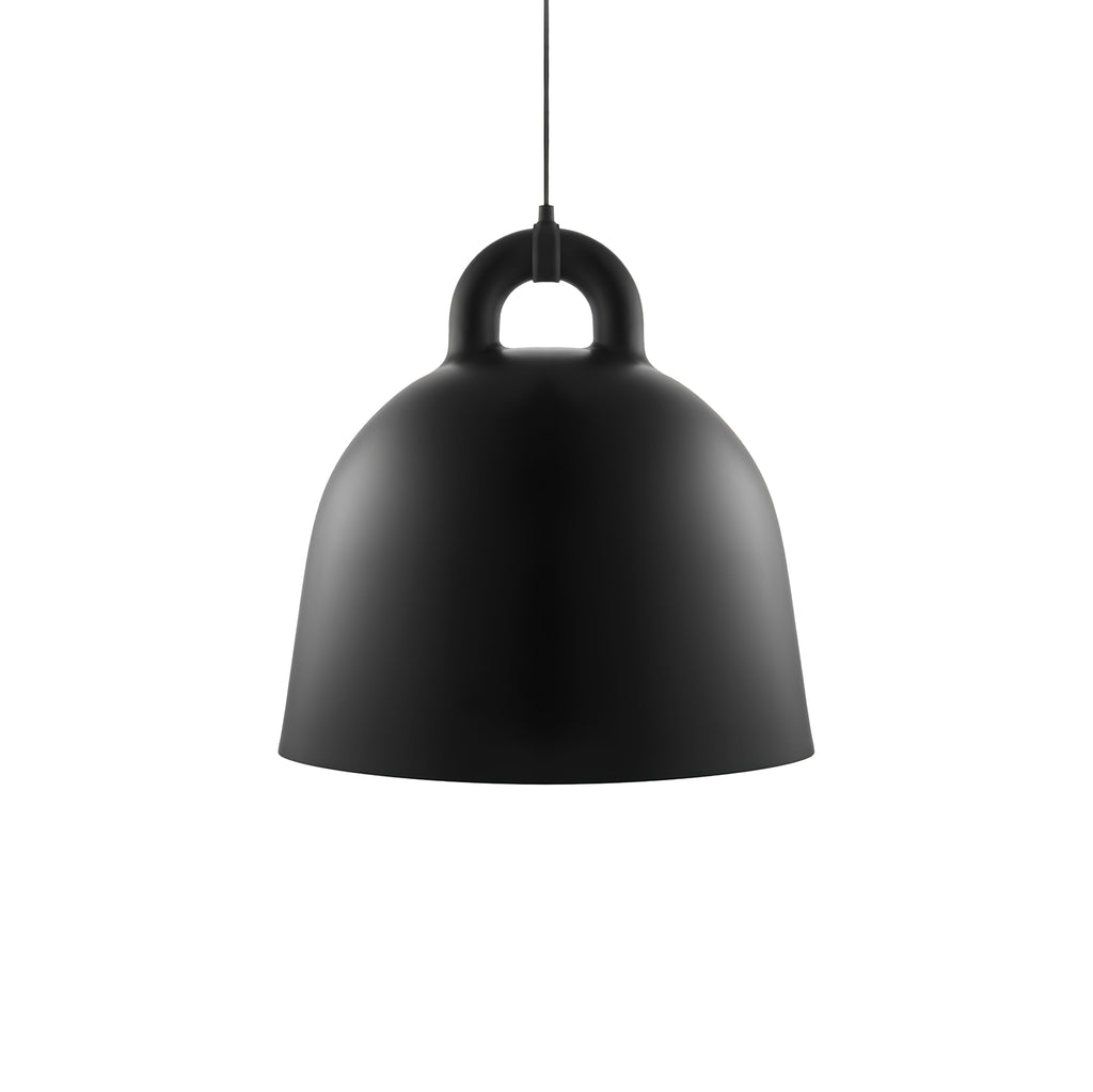 A large black Clérachic bell pendant with a thin black cord and loop handle, on a plain white backdrop.