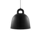 A large black Clérachic bell pendant with a thin black cord and loop handle, on a plain white backdrop.