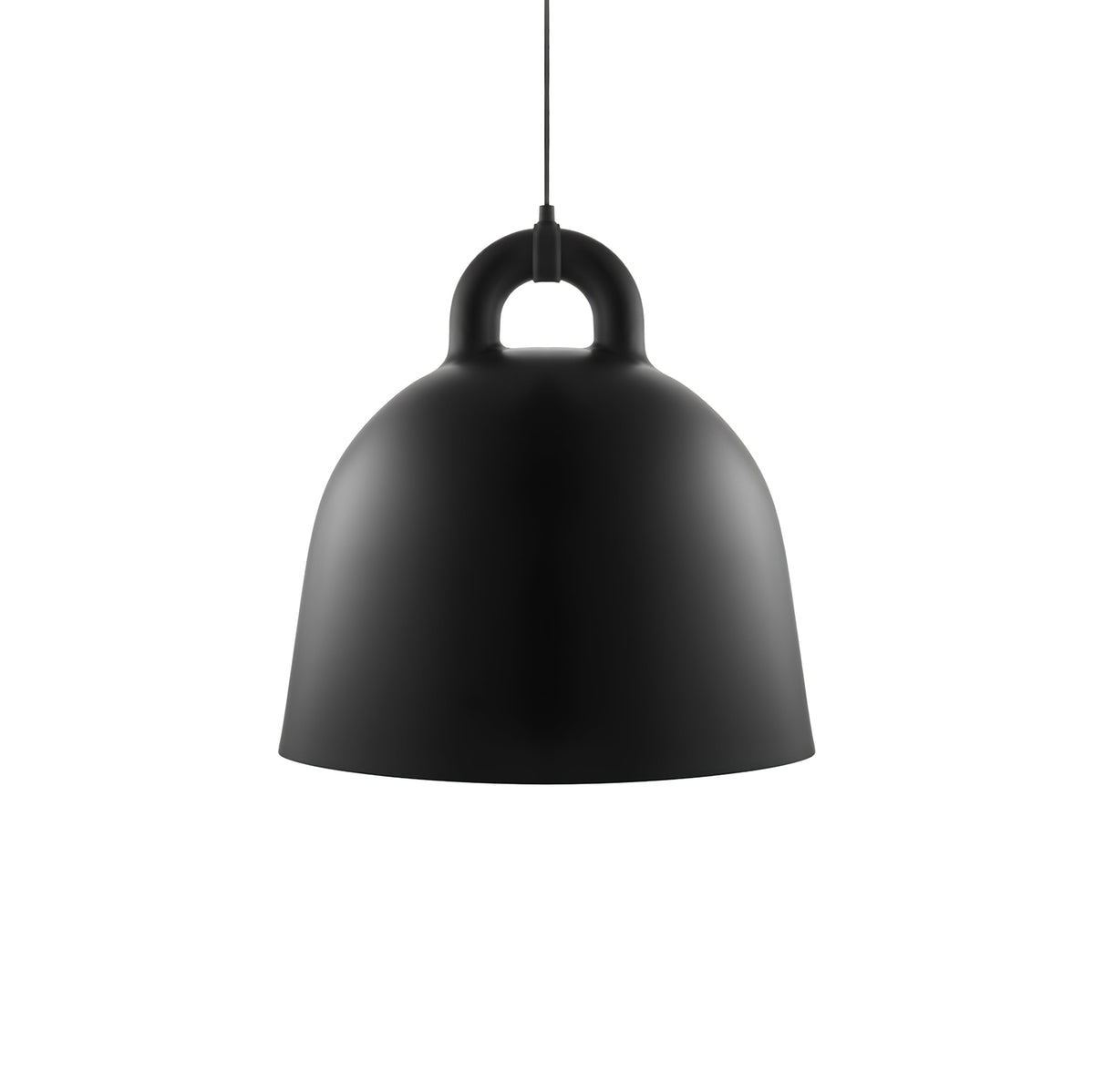 A large black Clérachic bell pendant with a thin black cord and loop handle, on a plain white backdrop.