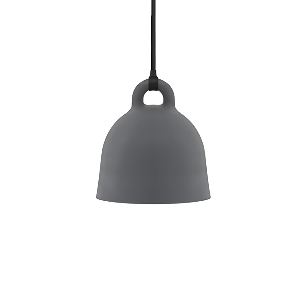 A small grey Clérachic bell pendant with a black cord, shown on a plain white backdrop.