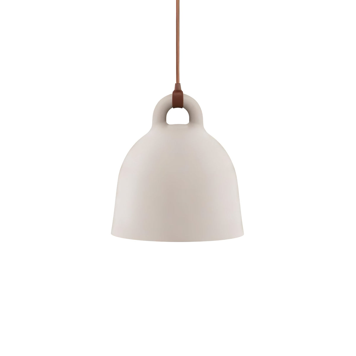 A small sand-coloured Clérachic bell pendant with a brown cord, hanging on a plain white backdrop.