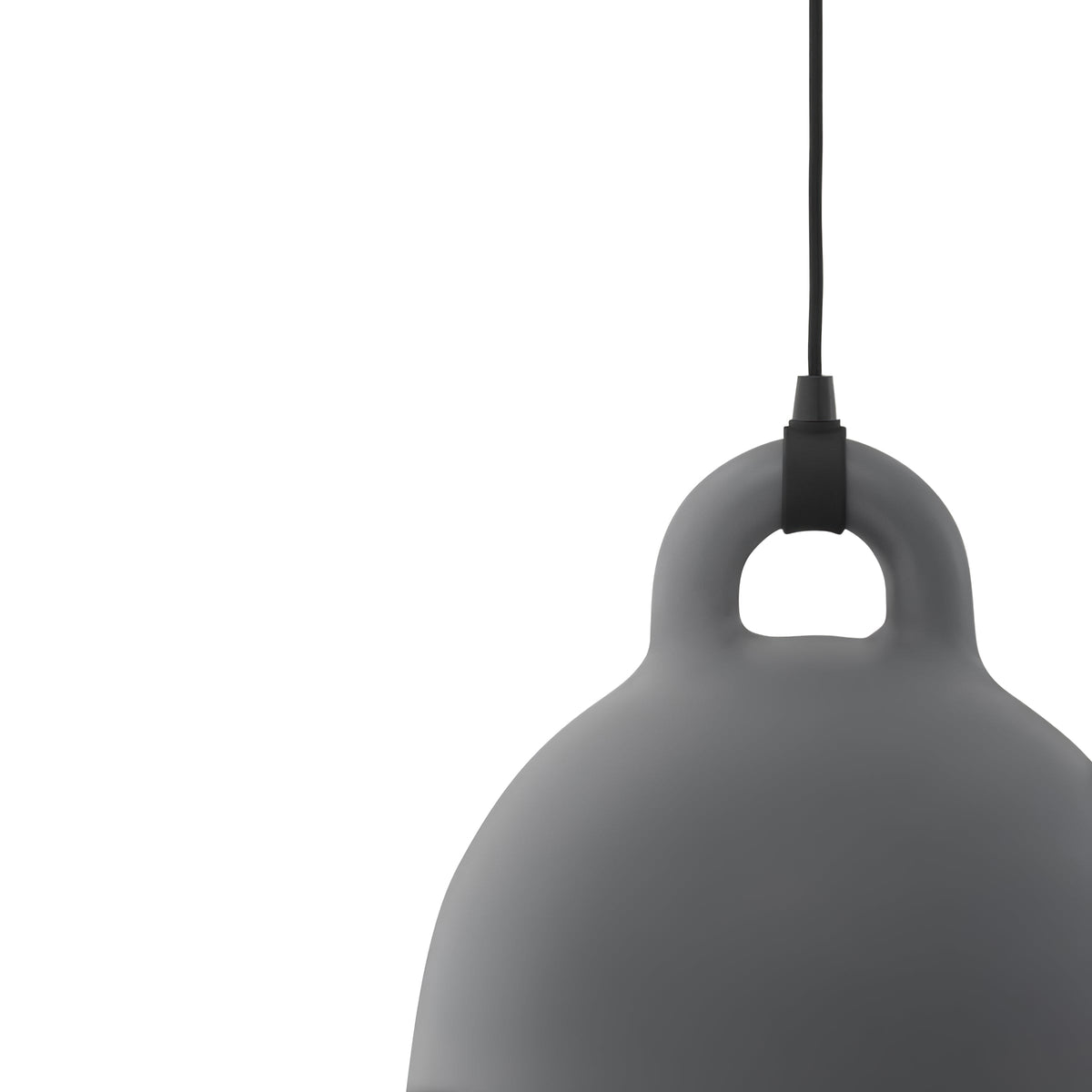 Cropped close view of the loop handle and shoulder of a grey Clérachic bell pendant, with its black cord, on white.