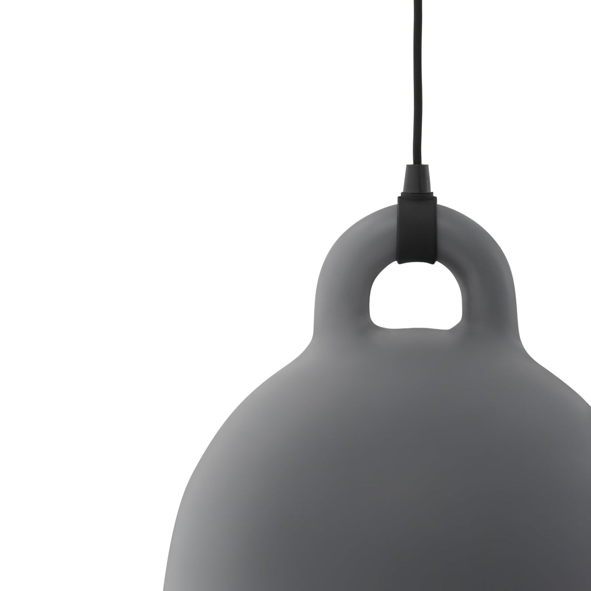Cropped close view of a grey Clérachic bell pendant's loop handle and curved shoulder, on a plain white backdrop.