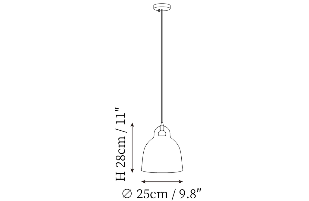 Clérachic pendant light dimension drawing, 1 of 4, every measurement marked in centimetres and inches.