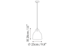 Clérachic pendant light dimension drawing, 1 of 4, every measurement marked in centimetres and inches.