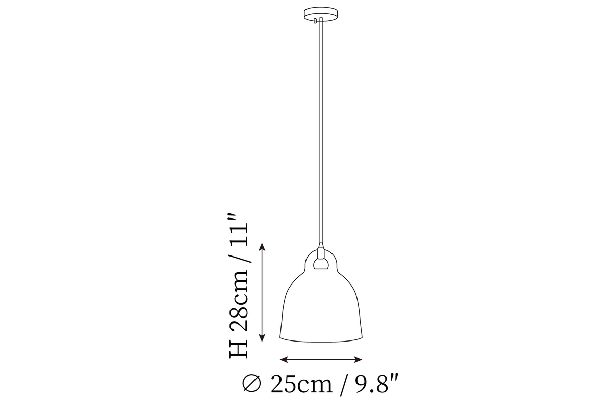 Clérachic pendant light dimension drawing, 1 of 4, every measurement marked in centimetres and inches.