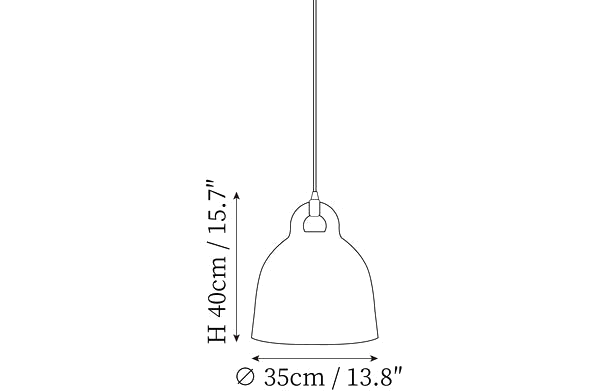 Clérachic pendant light dimension drawing, 2 of 4, every measurement marked in centimetres and inches.