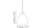 Clérachic pendant light dimension drawing, 3 of 4, every measurement marked in centimetres and inches.