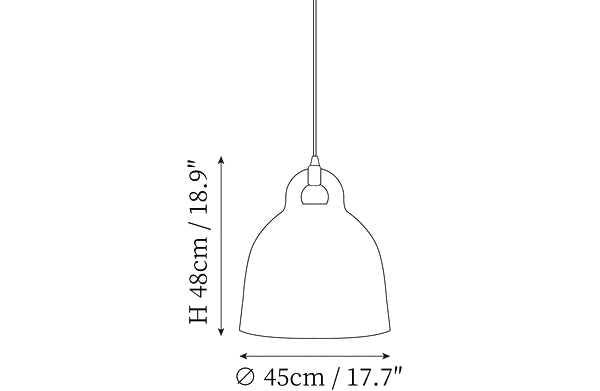 Clérachic pendant light dimension drawing, 3 of 4, every measurement marked in centimetres and inches.