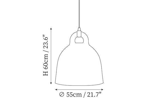 Clérachic pendant light dimension drawing, 4 of 4, every measurement marked in centimetres and inches.