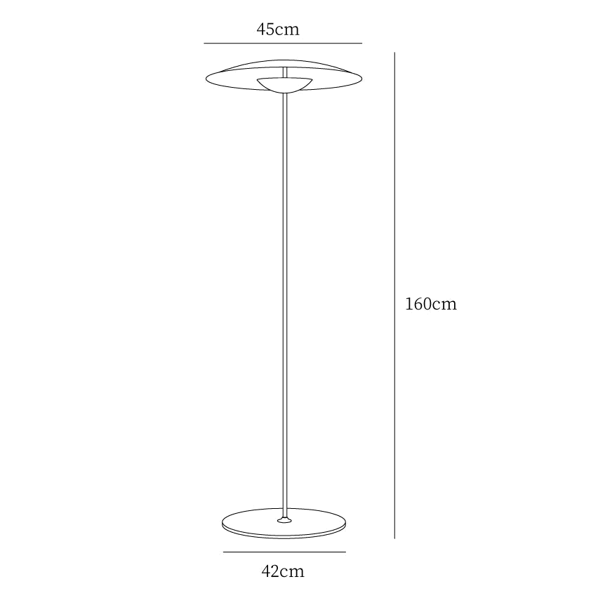 Dimension drawing of this Clérachic floor lamp, with its height, shade width and base width marked.