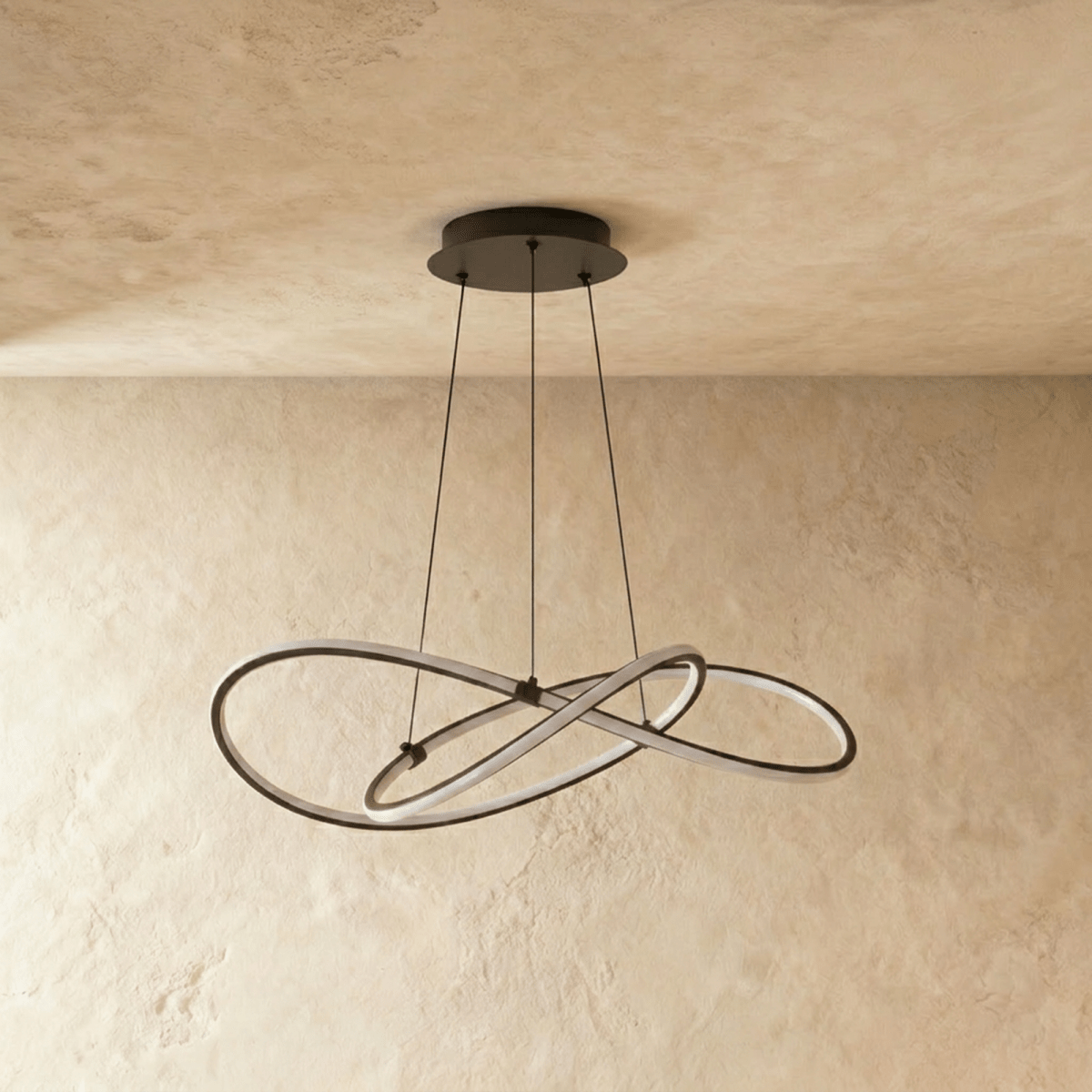 Clérachic black pendant with its LED loops switched off, showing the slim black frame and the three suspension cables.