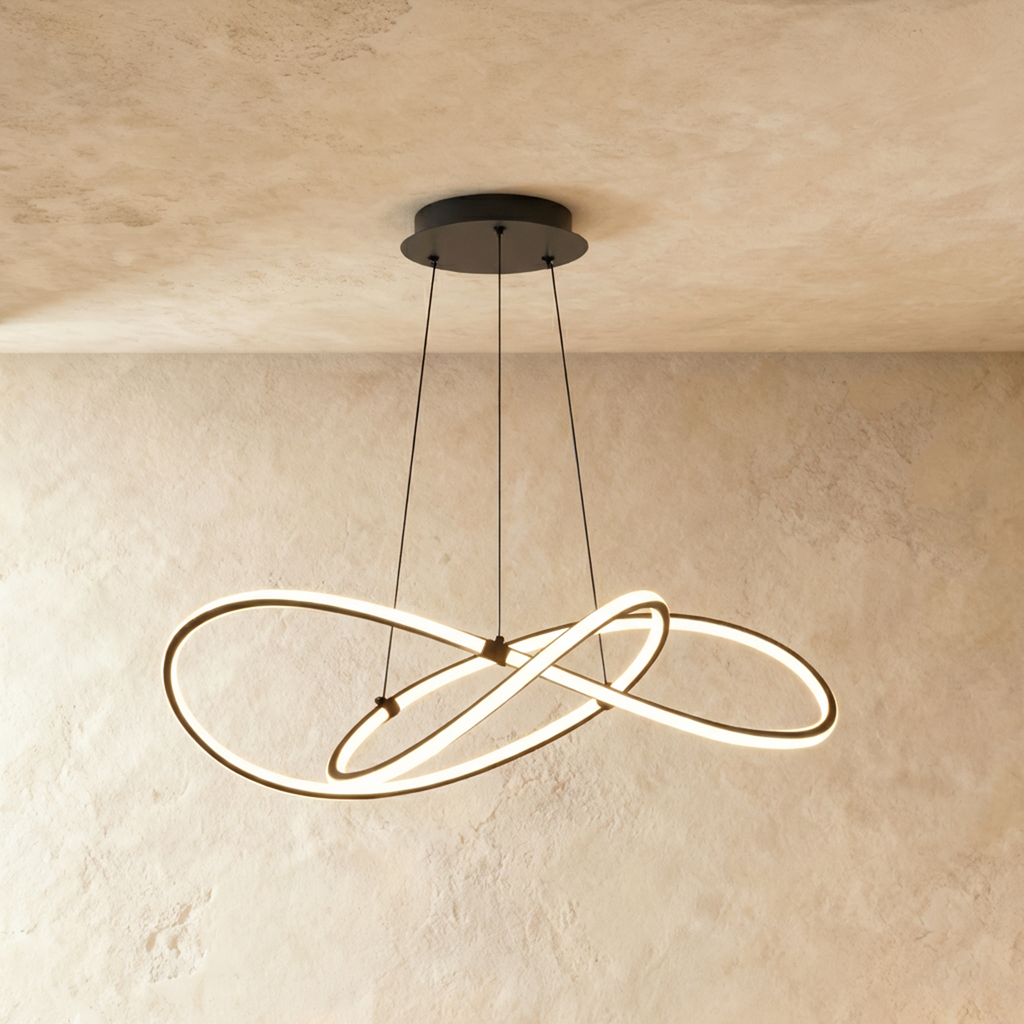 Clérachic mid-length black looped LED pendant lit warm, hanging from a round black canopy against a plaster wall.