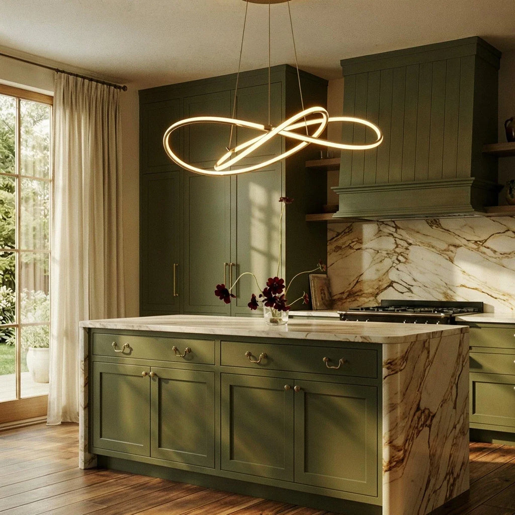 Clérachic brass LED loop pendant hanging above a marble-topped island in a sage green kitchen with a tall window.