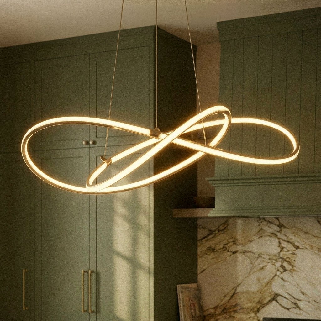 Close view of the Clérachic brass LED loop pendant glowing in a green kitchen, with the crossing loops and clamps in focus.