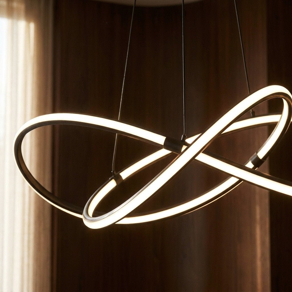 Close detail of the Clérachic black pendant, where its glowing LED loops cross and meet at the dark metal clamps.