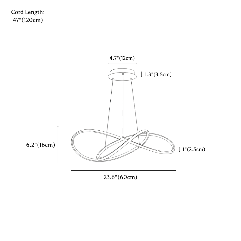 Clérachic chandelier dimension drawing, 60 × 16 cm 75 W, every measurement marked in centimetres and inches.