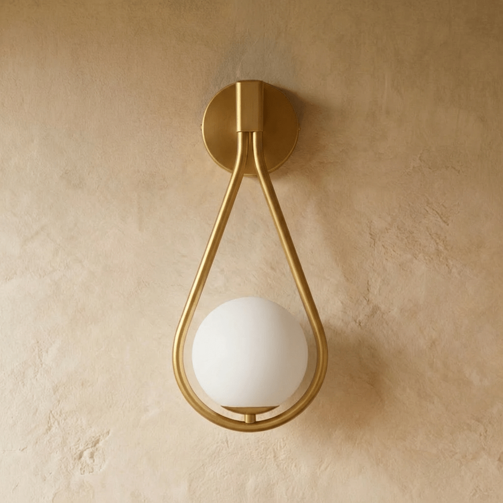 Clérachic gold iron arm wall sconce shown straight on, its teardrop frame glowing around an opal glass globe.